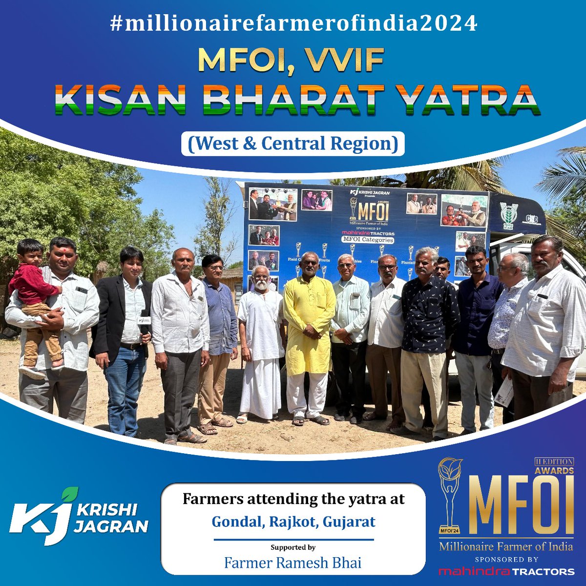 Krishi Jagran's 'MFOI, VVIF Kisan Bharat Yatra', sponsored by Mahindra Tractors, is gaining momentum as it continues its journey across the western and central regions of India. Currently, it's engaging farmers in the Rajkot district of Gujarat, spreading awareness about the