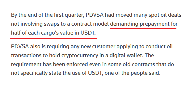 We're seeing more evidence of stablecoins as a sanctions-evading tool. Venezuela's state oil company, PDVSA, is demanding prepayment for half of each cargo's value in Tether, says @Reuters, in anticipation of US sanctions recommencing next month.