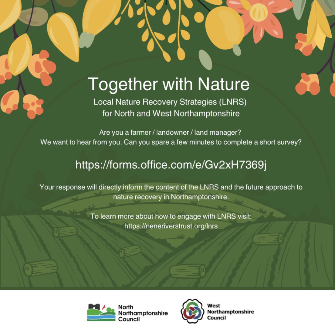 👀 Northamptonshire landowners pls take 5 mins to 🖊️ this survey regarding the LNRS happening in your county + retweet 🙏 

LNRS’s aim to restore habitats, green💚spaces + biodiversity per the Environment Bill; YOUR voices need to be heard asap! 

url.uk.m.mimecastprotect.com/s/z7umCK4qsDzZ…