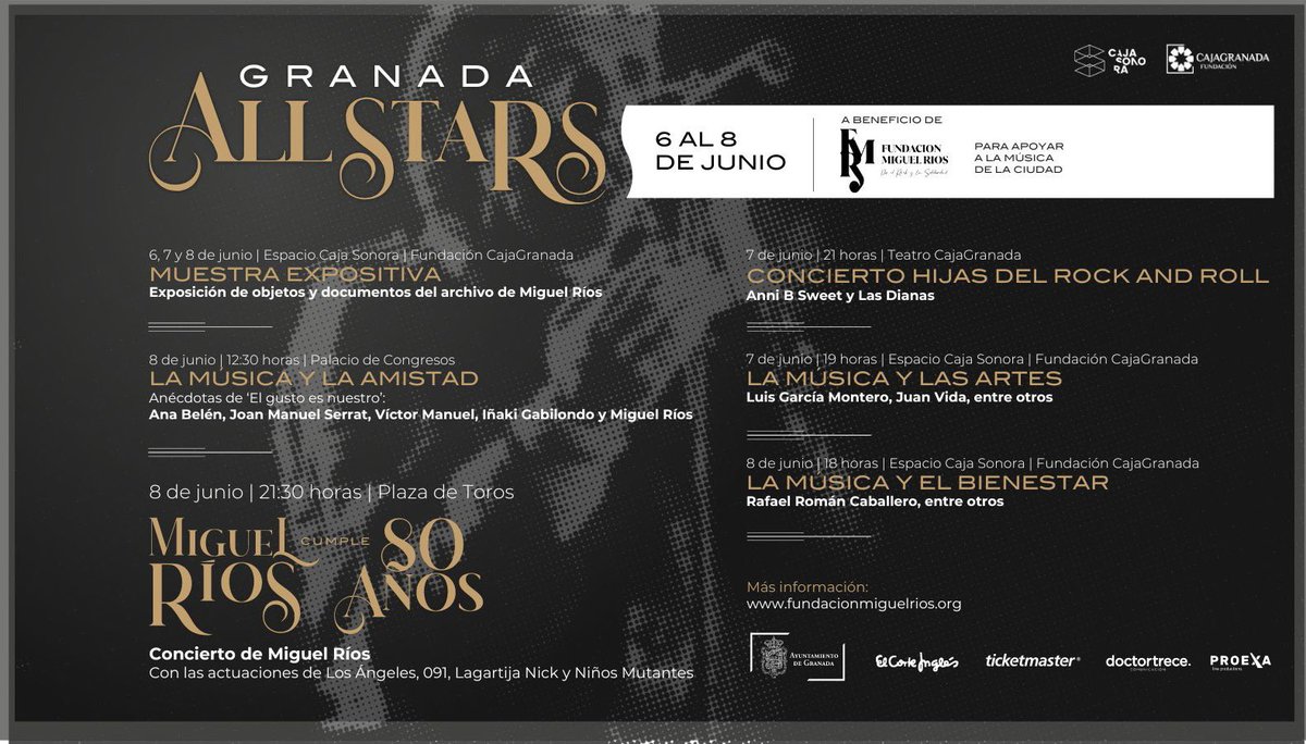 #GranadaAllStars | ¡Programación completa! 🌟 Aquí os dejamos la programación del Granada All Stars, que se celebrará del 6 al 8 de junio. 🎫 RECUERDA que cada entrada nos ayuda a seguir reivindicando la música🤟🏻 + info y entradas fundacionmiguelrios.org