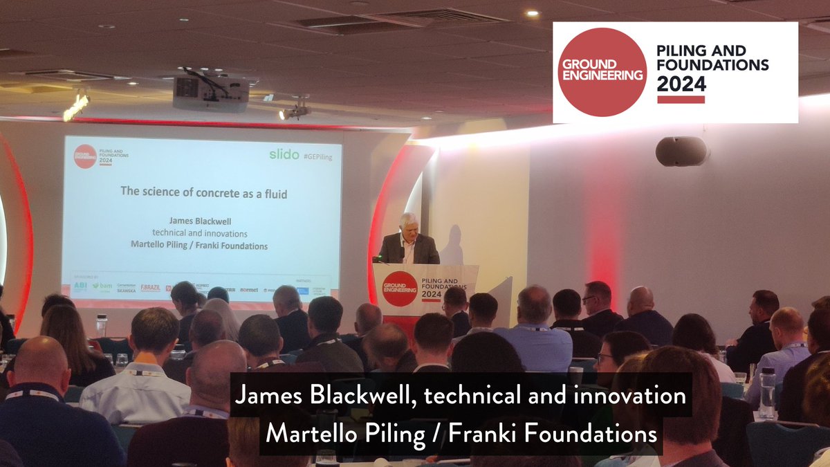 GE_magazine's tweet photo. James Blackwell, technical and innovation, Martello Piling / Franki Foundations is taking us on a exciting journey through the science of concrete as a fluid.

#GEPiling https://t.co/LLc9ymh7sE