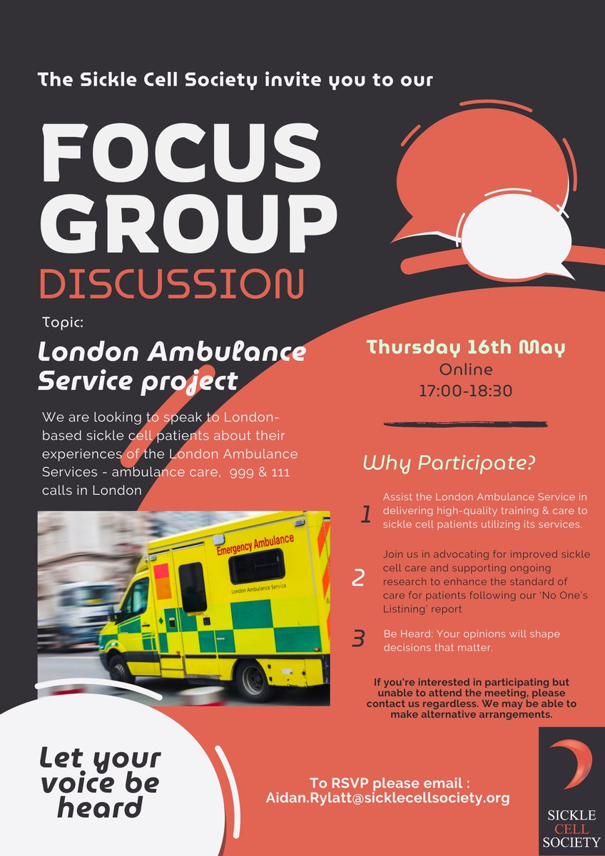 Calling Sickle Cell Patients, Caregivers, & Relatives in London! Join us on May 16, 2024, for a focus group with the Sickle Cell Society and London Ambulance Service. Share your experiences to shape future healthcare services. RSVP: Aidan.Rylatt@sicklecellsociety.org #SickleCell