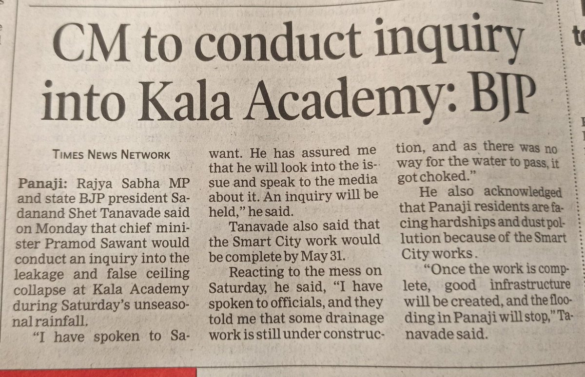 On renovation of Kala Academy more than ₹60cr splurged wout tender by PWD. Money gone down the drain with first rains. Now see the irony; CM says will do inquiry of PWD works the portfolio which is held by him only. A rotten scam so typical of vikasit model of @BJP4Goa