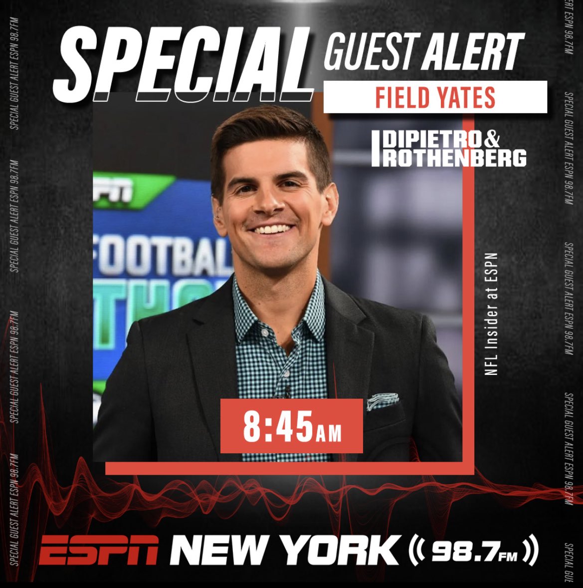 SPECIAL GUEST ALERT! TODAY at 8:45AM on @DRonESPN: @FieldYates joins the program to discuss everything NFL Draft! LISTEN HERE: bit.ly/ListenESPNNY, on 98.7FM or on the ESPN NY App! DOWNLOAD HERE: goodkarma.qrd.by/espnny-app