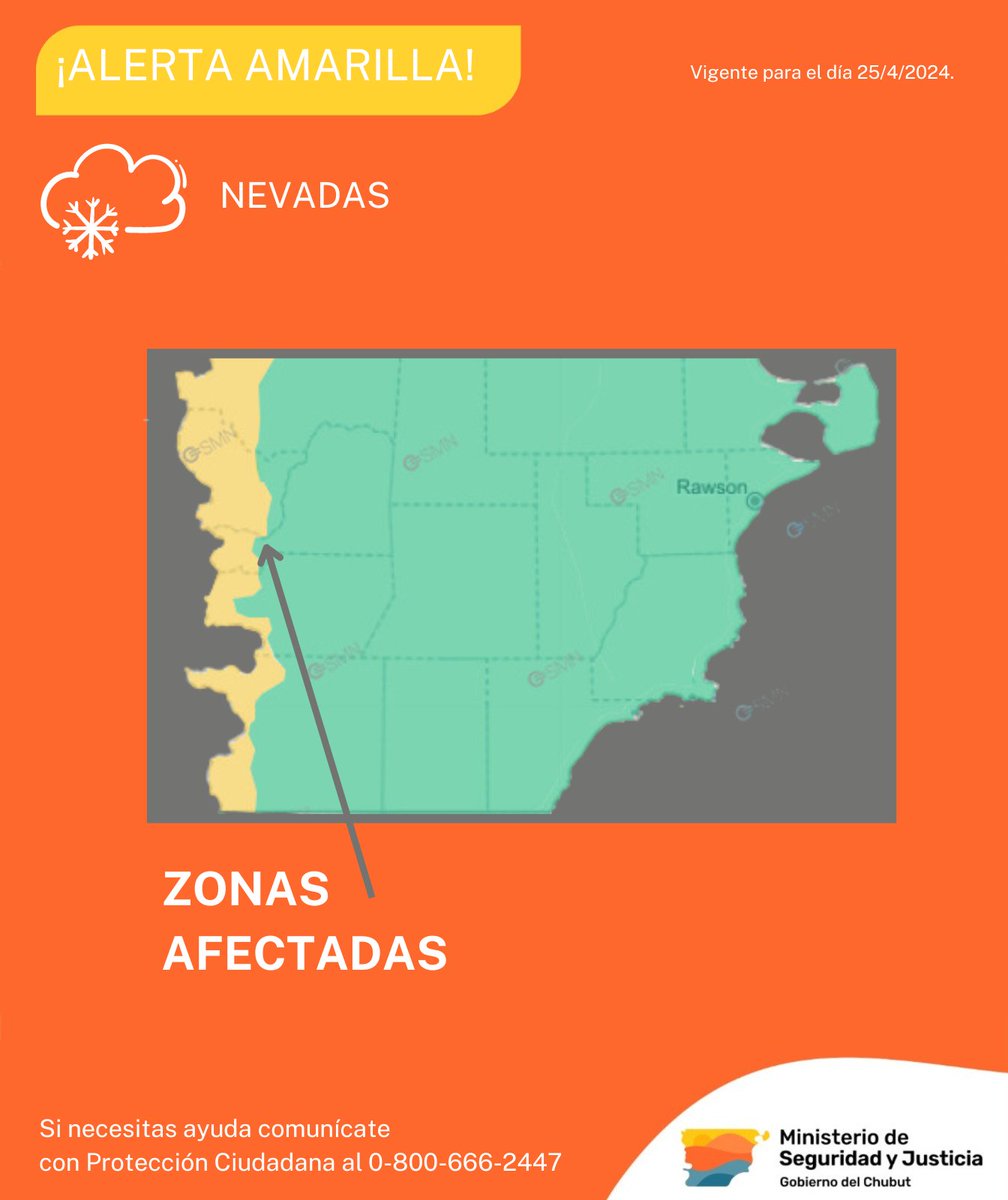 ⚠ La Subsecretaría de Protección Ciudadana dependiente del Ministerio de Seguridad y Justicia, informa sobre la zona de cobertura del alerta amarilla por nevadas, emitido por el Servicio Meteorológico Nacional prevista para la tarde del día 25 de abril.