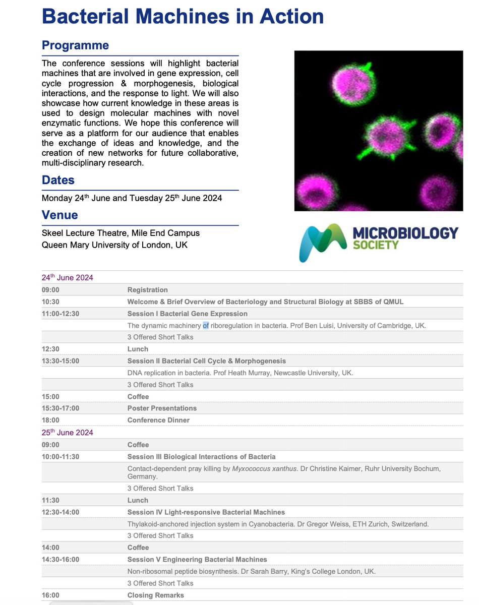 @QM_SBBS is hosting the 'Bacterial Machines in Action' conference sponsored by @MicrobioSoc 24/06/24-25/06/24. Apply now to present a talk/poster - Abstracts due this Friday 26/04/24. qmul.ac.uk/sbbs/events/ba…