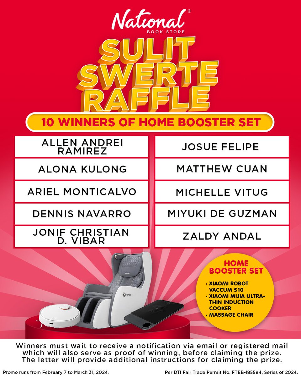 nbsalert's tweet photo. Congratulations to the lucky winners of the #NationalBookStore Sulit Swerte Raffle! π Stay tuned for more exciting raffle promos - with some awesome prizes! - coming soon.
DTI Fair Trade Permit No. FTEB-185584, Series of 2024. #Raffle #RafflePH #SulitSwerteRaffle #SulitSaNBS https://t.co/sxSKcYJLwY