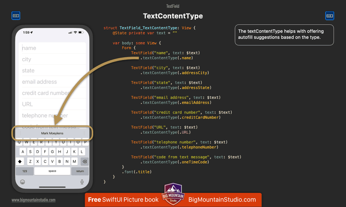 ❓What can I do to make keyboard suggestions relevant to the TextField in #SwiftUI? 💡Set the textContentType on the TextField. (Note: The next page shows ALL available types.) 📕Start building awesome views with SwiftUI Views Mastery picture book. 👉bigmtn.studio