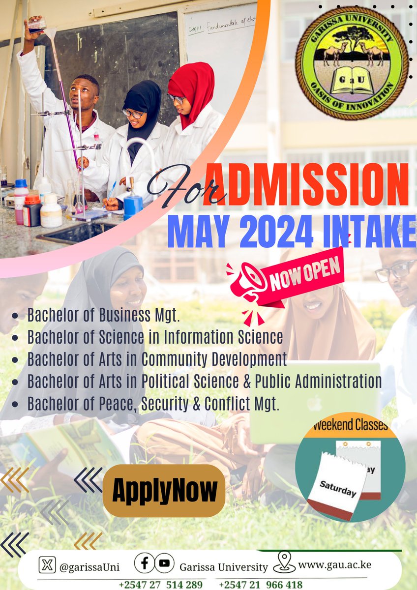 📚 Seeking a future-ready education? Look no further!
GaU is proud to offer a wide range of courses designed to equip you with the skills and knowledge for success. 🌟
Join our May 2024 intake and embark on a transformative educational journey.
#KaribuGarissaUni #FutureReady