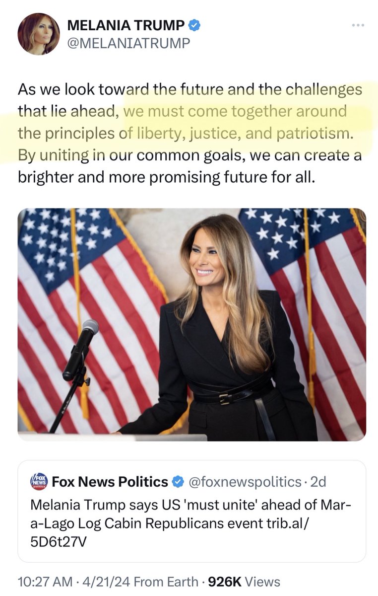 @TraderGirlQ @eve719755843 @OfPeople66362 @KimWever3 Just a couple days ago, @FLOTUS45 
(the wife of DJT = @POTUS45)
posted from @MELANIATRUMP
about us coming TOGETHER
around the principles of:

Liberty 
Justice 
Patriotism 

NO GAG ORDER on #WethePeople