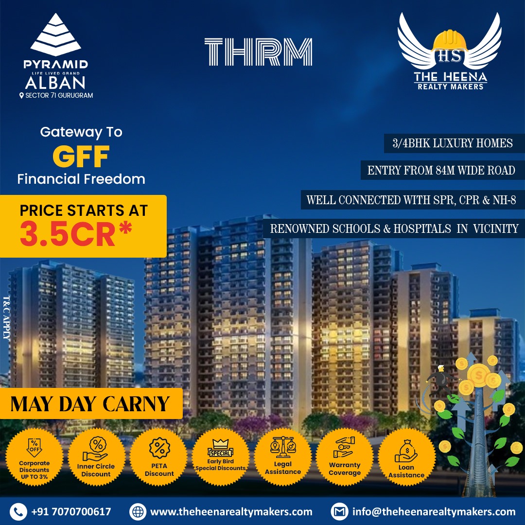 theheenarealty's tweet photo. π Join #PyramidAlban's #MayDayCarnival! π‘ Discover luxury homes from 3.5 Cr in Sector 71 with exclusive offers. Contact 7070700617 to book. T&C apply. π #LuxuryLiving #TheHeenaRealtyMakers #THRM https://t.co/4UfuwL8Wcm
