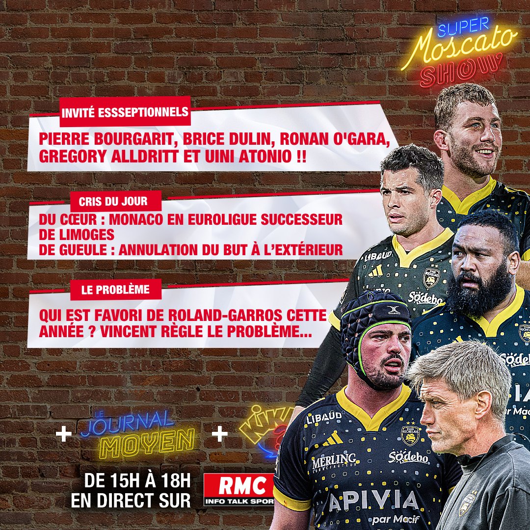 🚨🚨 Le Super Moscato Show sera en direct de l'Apivia Parc, le centre d'entraînement du @staderochelais dès 15h sur RMC ! 🟡⚫ Et pour l'occasion, on accueillera des invités essssseptionnels !