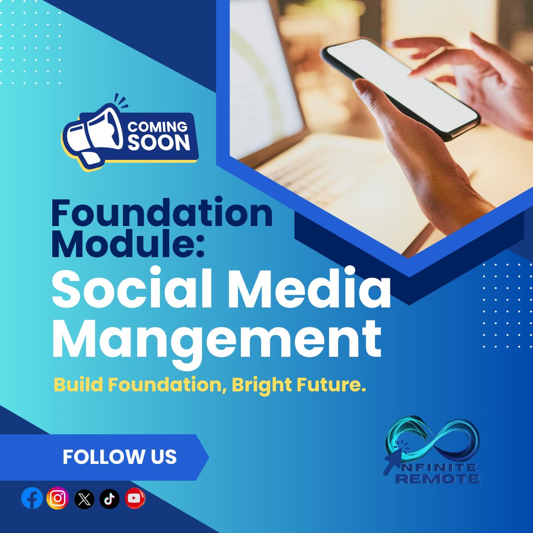 📱💡 Elevate your social media game! 🚀 Our foundation module for social media management is coming soon. Stay tuned for updates!

#SocialMediaManagement #ComingSoon #infiniteremoteph #workfromhomeonline #remotejobs2024 #hiring2024 #recruitment2024 #freelancinglife