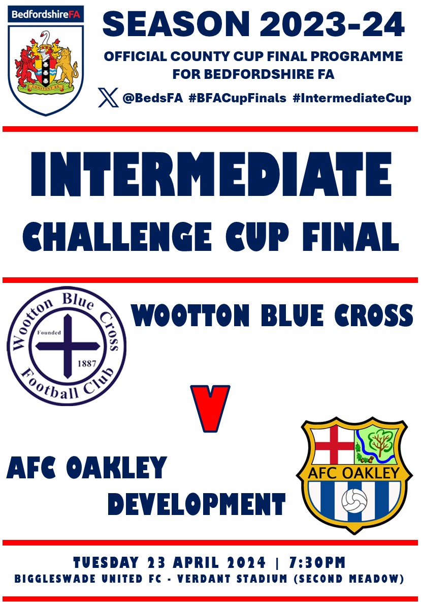 INTERMEDIATE CUP FINAL TONIGHT! @Biggleswadeutd host our Intermediate Cup Final between @BlueWoottonMens & @afc_oakley. Both league games this season have been drawn so it's all to play for in the Final. #BFACupFinals #IntermediateCup