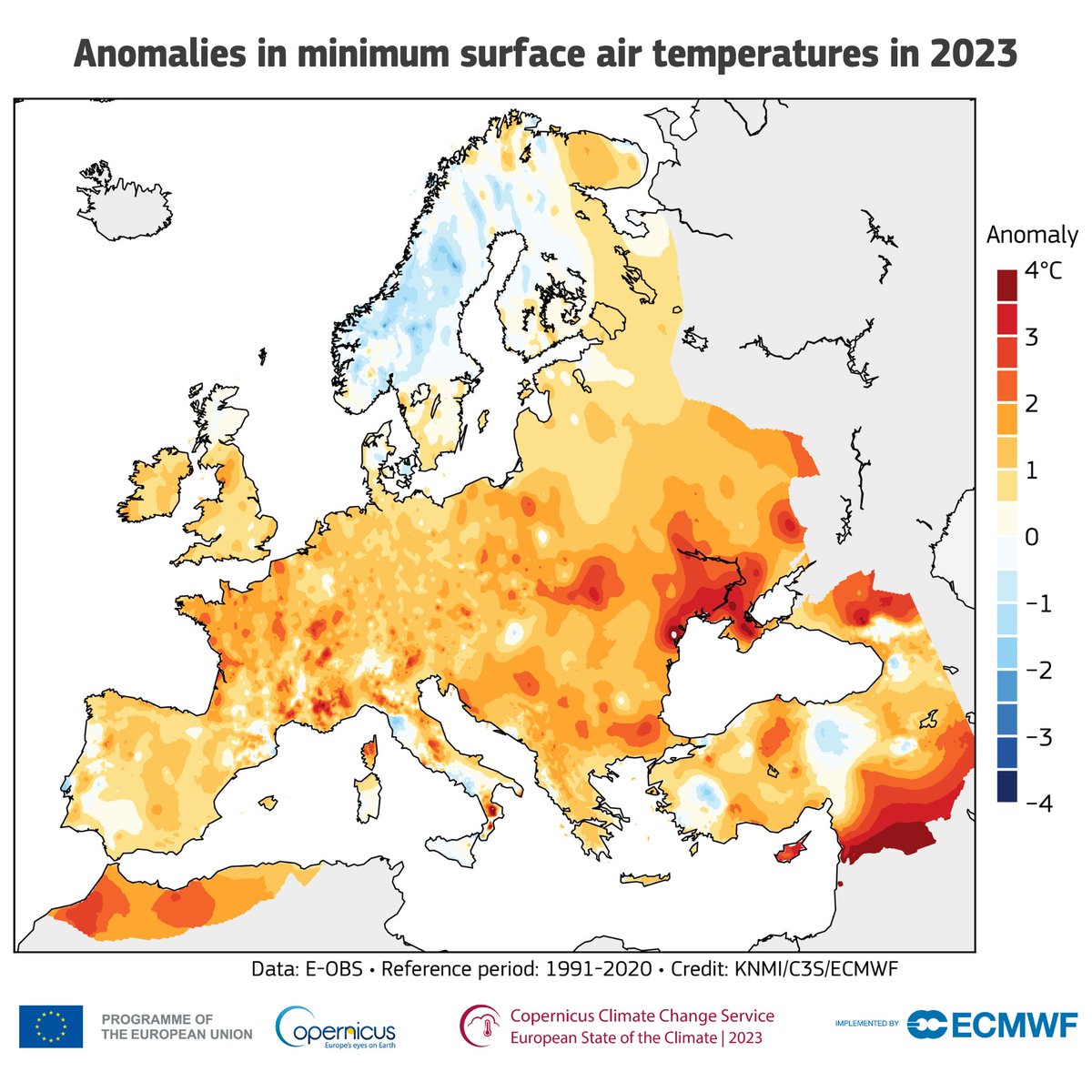 Temperatures were above average for 11 months of the year 🌡

But both the minimum and maximum temperatures for the year as a whole were well above average across much of Europe. 🌍

Read more ⤵️
climate.copernicus.eu/esotc/2023/tem…

#Climate #CopernicusClimate #ESOTC