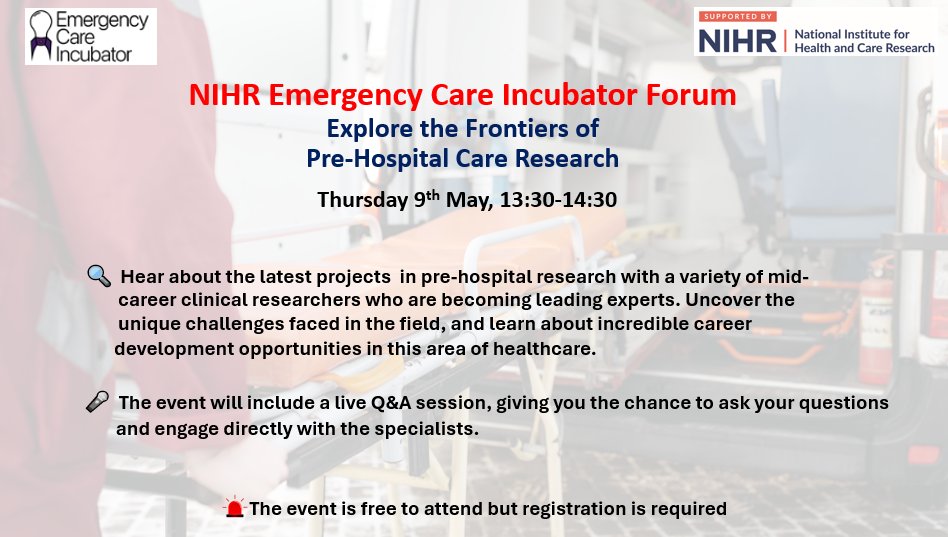 🥁📢Join us on 9th May to hear and take part in conversations about the Frontiers of Pre-Hospital Care Research. To register, please go to us02web.zoom.us/meeting/regist…