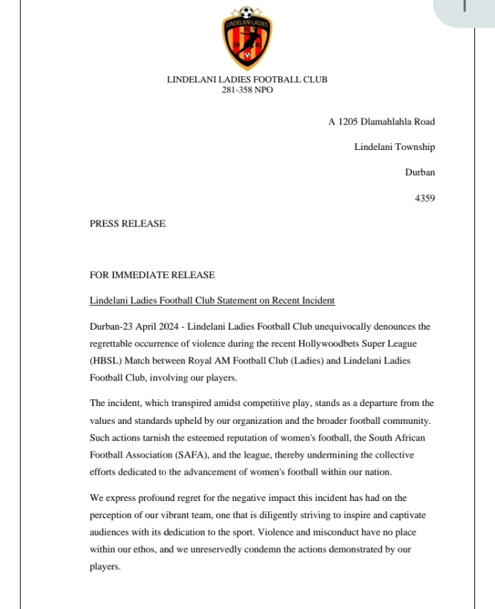 CHAMPIONgabs's tweet photo. Media Statement from @LindelaniLadies after violence incident.
Longwe
Condolences
Gavin Hunt
#SenzoMeyiwaTrail
Mbalula
Home Affairs
#Whattapp
Ronwen Williams
SANDF
#YolandaMukondeleli
Mamkhize https://t.co/GQ0b7xnv3U