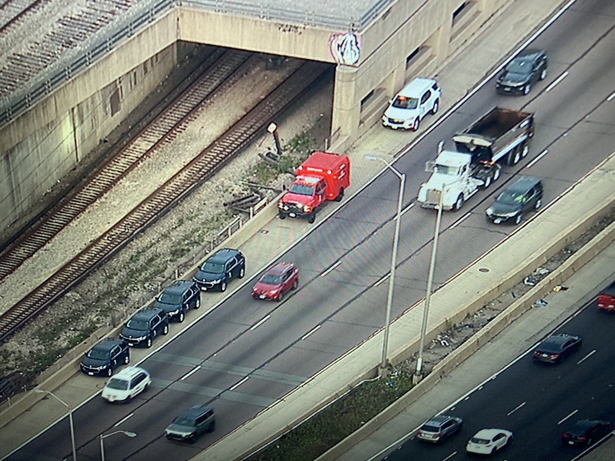 #ForestPark - CTA Blue Line trains currently not running between Forest Park & Harlem because of “track conditions.” There’s an army of CTA workers here working on the track. Their cars are all along the right shoulder of the IB Ike before Harlem & causing a big delay from Wolf.