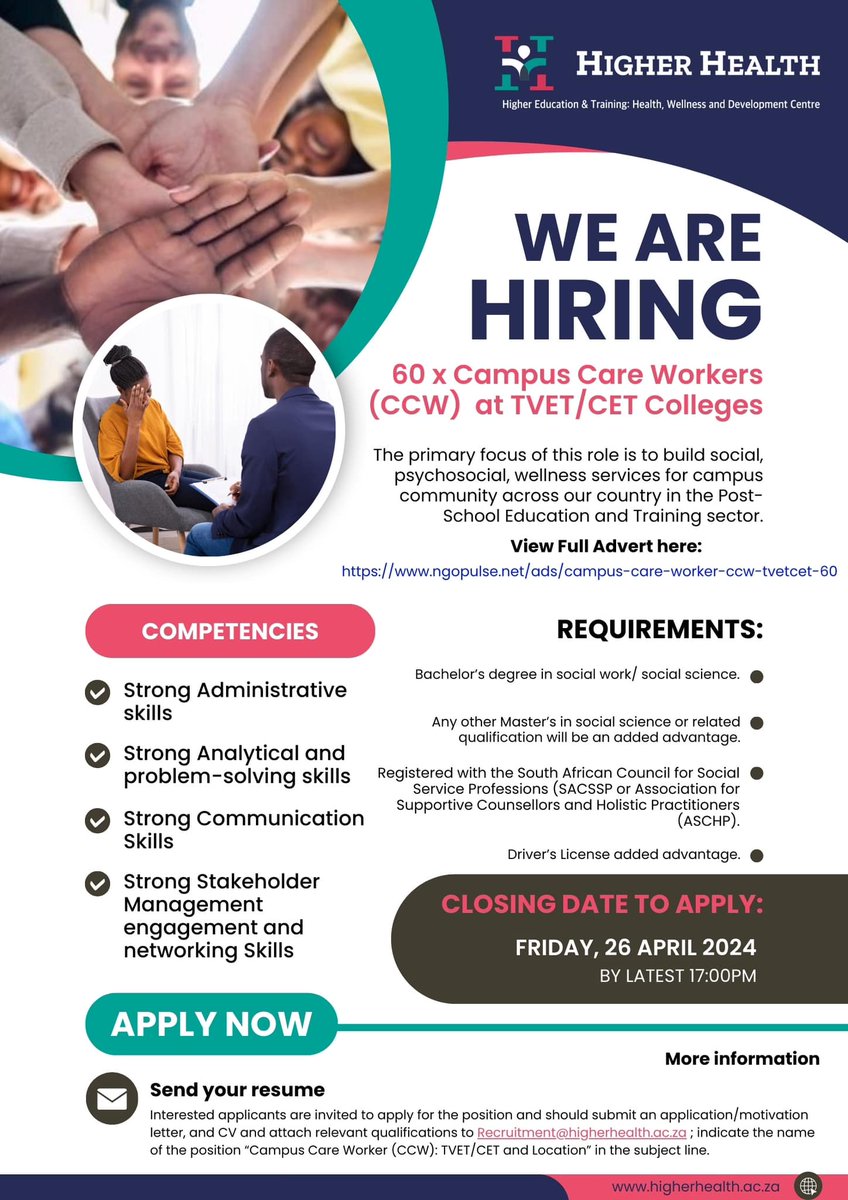 Higher Health seeks passionate individuals to join as Campus Care Workers (CCWs) at TVET/CET Colleges! Are you ready to make a difference in student well-being? Apply now for one of the 60 positions available! 📢Position: Campus Care Worker (CCW) 🏫Location: Various TVET/CET