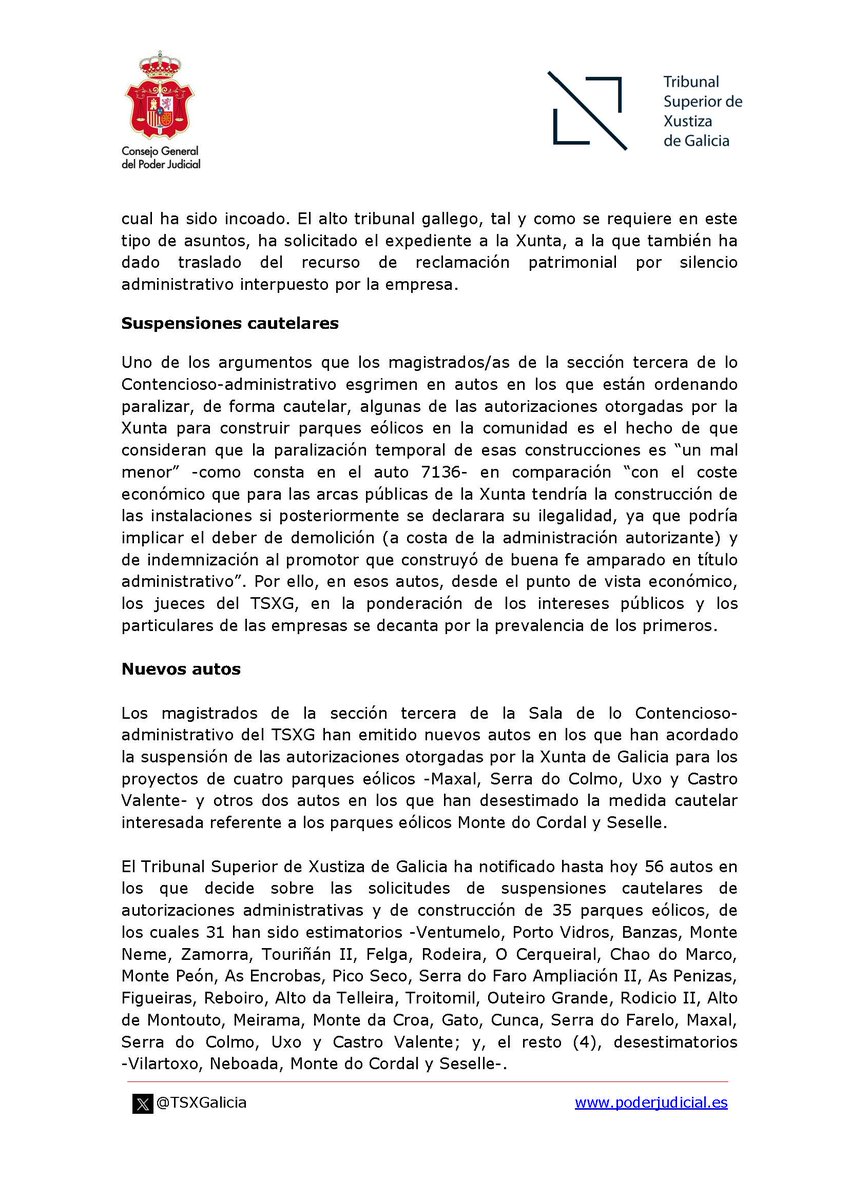 ⚖️ El #TSXG admite a trámite el recurso de una #empresa del sector #eólico contra la @Xunta en el que le reclama 46 #millones por autorizarle un parque que anuló el #Supremo 🔹 Fergo Galicia Vento exige a la administración que la indemnice por daños y perjuicios