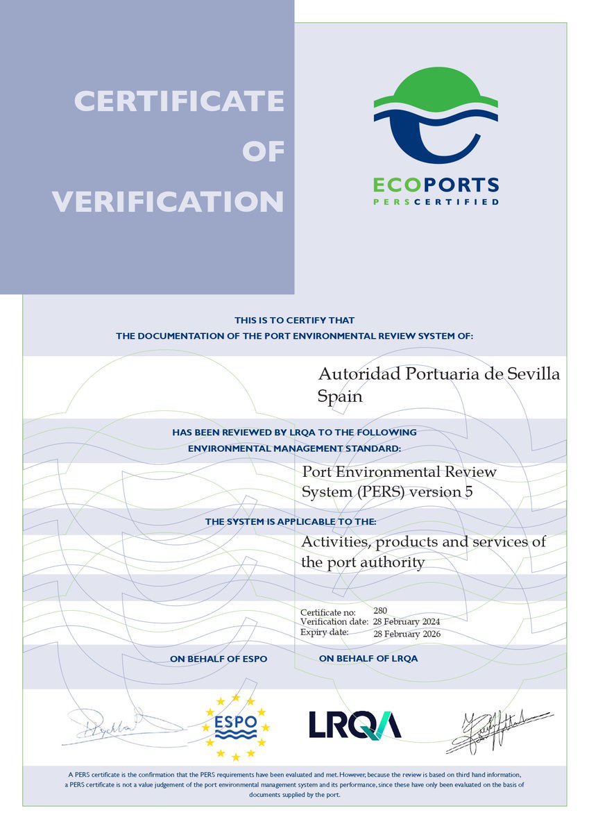 PuertoDeSevilla's tweet image. 🔵 La Autoridad Portuaria de Sevilla ha renovado la certificación #Ecoports.

♻️ Se trata del principal certificado de gestión ambiental del sector portuario europeo, emitido por la @ESPOSecretariat.

#WorkingWithNature #TrabajarConLaNaturaleza