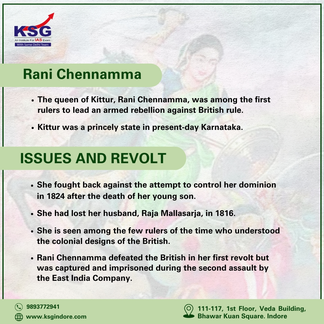 Rani Chennamma

✅The queen of Kittur, Rani Chennamma, was among the first rulers to lead an armed rebellion against British rule. 

#KSGIndore #UPSCPreparation #CivilServicesExam #RaniChennamma #QueenOfKittur #FirstRuler #ArmedRebellion #BritishRule #Kittur #Karnataka #revolt