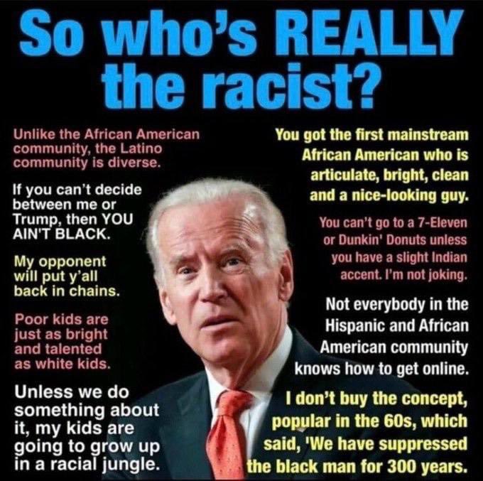 Looking back at our history and facts Joe Biden and the Democratic Party are responsible for dividing the American people into Gender, ethnicity, education and financial status, etc. The question is WHY? Why are we allowing this racist to continue dividing and destroying our