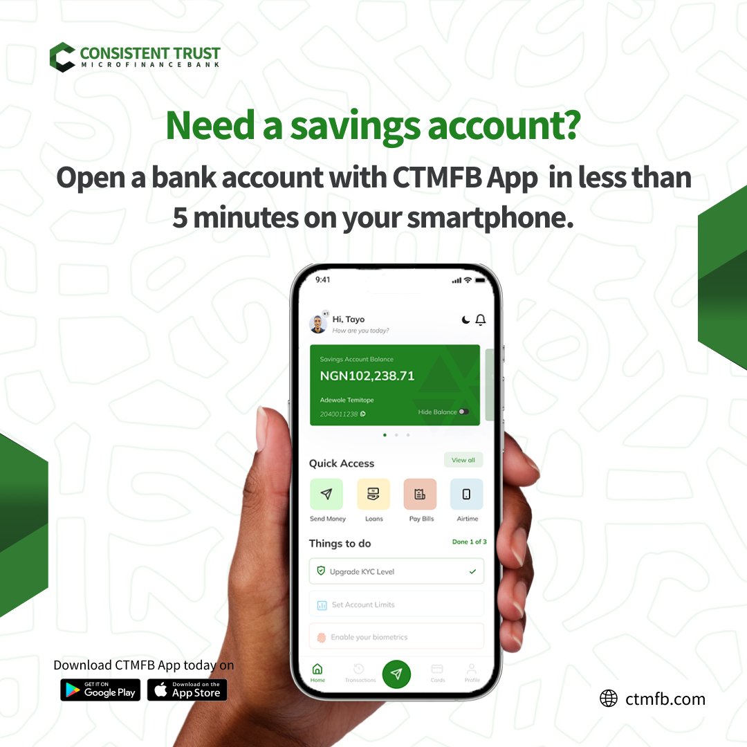 Need a savings account? Open a bank account with CTMFB App  in less than 5 minutes on your smartphone.

#savingsaccount #banking #digitalbanking #Payment #ctmfb