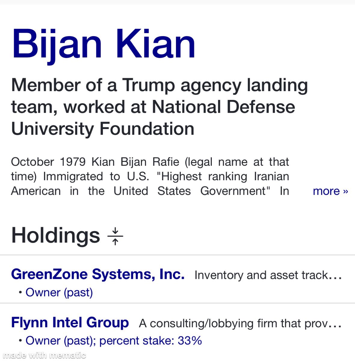 Hey @2runtherace got a @GenFlynn connection. Miles Taylor, head of national security relations @Google and @CNN contributor, is professionally connected to Bijan Kian. Why is this important and relevant to Flynn? Kian was a former owner of the Flynn Intel Group. Owning a 33%