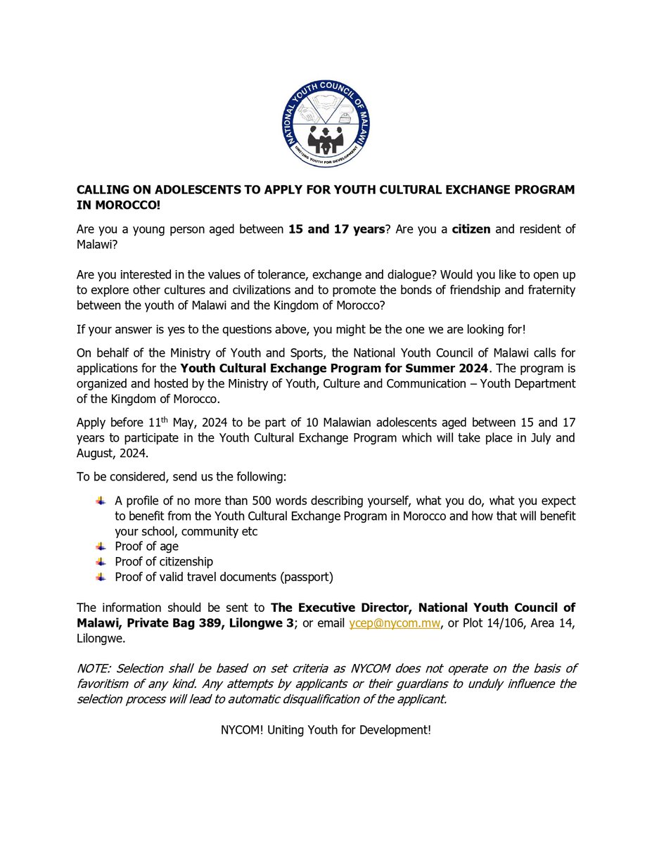 NycomMalawi's tweet photo. #opportuesday #OpportunityTuesday
CALLING ON ADOLESCENTS AGED 15-17 TO APPLY FOR THE YOUTH CULTURAL EXCHANGE PROGRAM IN THE KINGDOM OF MOROCCO!
Together with the Ministry of Youth & Sports, the National Youth Council of Malawi is calling on adolescents from across the country... https://t.co/z3avWjYgEE