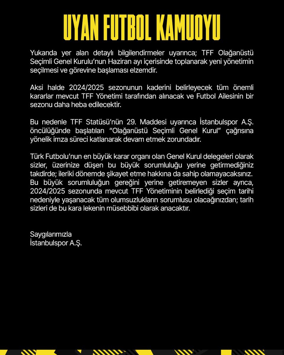 UYAN FUTBOL KAMUOYU! TFF Yönetimi ve Süper Lig Kulüpler Birliği Vakfı tarafından yetkilendirilen heyet arasında bugün yapılan görüşme sonrasında TFF’nin, futbol paydaşlarının talebine rağmen ,18.07.2024 tarihli Olağanüstü Seçimli Genel Kurul tarihi ile ilgili herhangi bir