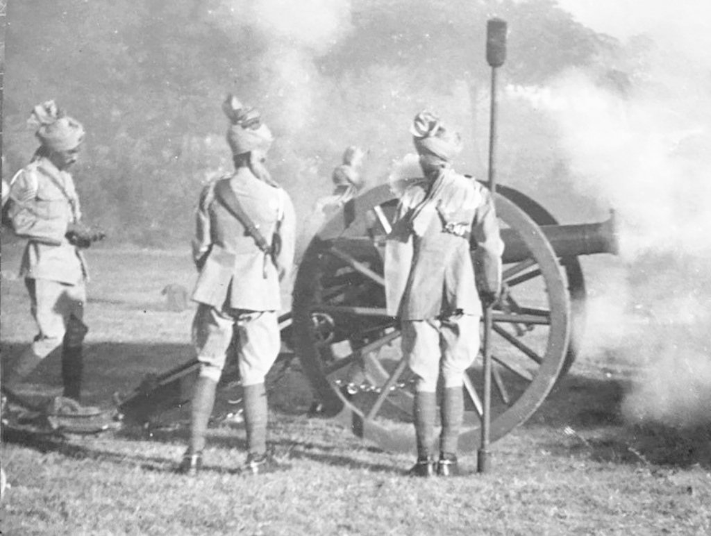 Circa 1930. The Gwalior Artillery firing Gun salute!