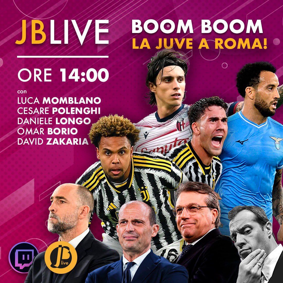 BOOM BOOM 💥 DIRETTA ORE 14.00 LA #JUVE A ROMA per TORNARE A ROMA‼️ LE ULTIME e TUTTO IL CONTORNO BIANCONERO con @MomblanOfficial @CesarePolenghi @86_longo e tante SORPRESE… ⚪️⚫️ SEMPRE QUI 👉👉👉 twitch.tv/juventibus