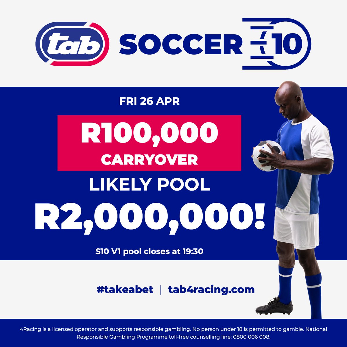 ⚽️💰 Goal! The carryover for Soccer10 V1 is R100,00! That's enough for a post-game feast! The likely pool is R2,000,000—kick off your bets and score big!💸 This pool closes on Friday the 26th of April at 19:30. #Soccer #GoalGetter