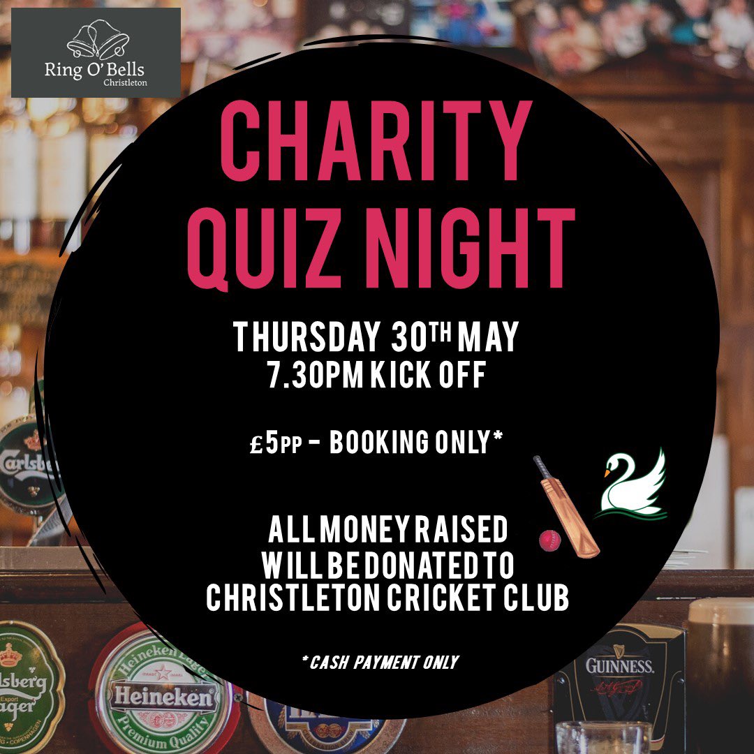 Our next Quiz Night is on Thursday 30th May raising funds for @ChristletonSwan Join us for a great night 🍺🍕🏏🖊️❓ @wearechester @ShitChester @SkintChester @TasteCheshire @VisitChester_ @chestertweetsuk @VisitCheshire @RunningChester @socheshire @CheshireLive