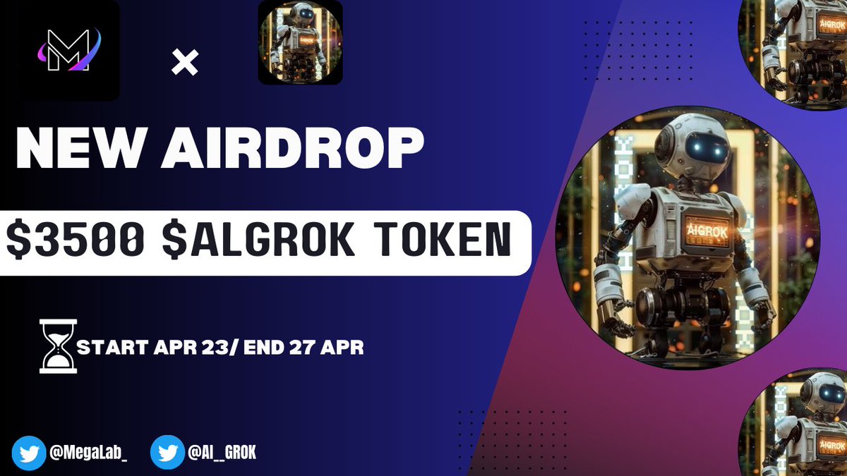 Mega Lab Dao x AI_GROK #Airdrop 🏆 Prize Pool:- 3500 $ALGROK Token ( #FCFS Based ) ☑️ Follow @AI__GROK & @MegaLab_ ☑️ Like, RT & Tag 3 Friends ☑️ Complete #gleam ⤵️ gleam.io/Y5zMw/3500-in-….. ⏳Ends 27 Apr. #Airdrops #Giveaway #BTC #Crypto #FCFS #Presale #token #USDT