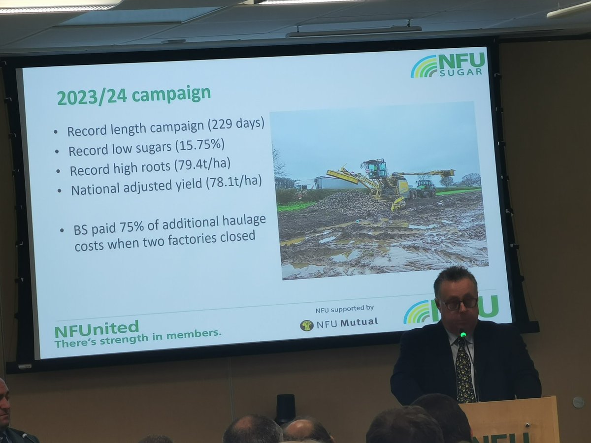 At 229 days, the 2023/24 #sugarbeet lifting campaign was longest on record, due to extreme weather, says @NFUSugar Board Chairman Michael Sly (@mhssly). 'No one wants a campaign of this length. It increases aphids, reduces efficiency of processors' #sugarbeet #NFUCouncil