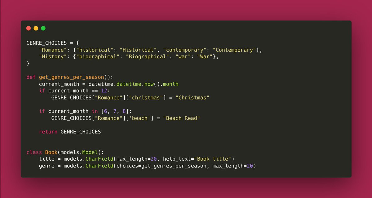Django tip:

In Django 5.0, you can now use a callable (e.g., a function) to dynamically generate field choices, making your models more adaptable to changing data.

Example 👇