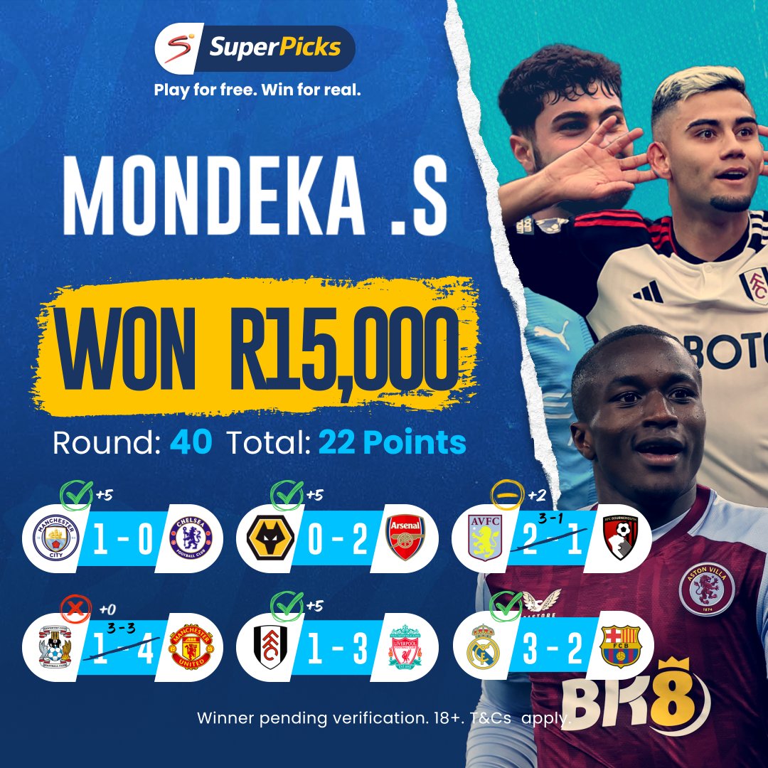 SuperPicksZA's tweet photo. 🤝🏾
Congratulations 👏🏾 to Mondeka. S and Rishaal. V 🇿🇦who took home R15,000 💰 each for their Round 4️⃣0️⃣ predictions!
Go to https://t.co/pePKElHLgG & submit your predictions! 🔮
#SuperPicks #DoubleJackpot https://t.co/PS5pR7qxCn