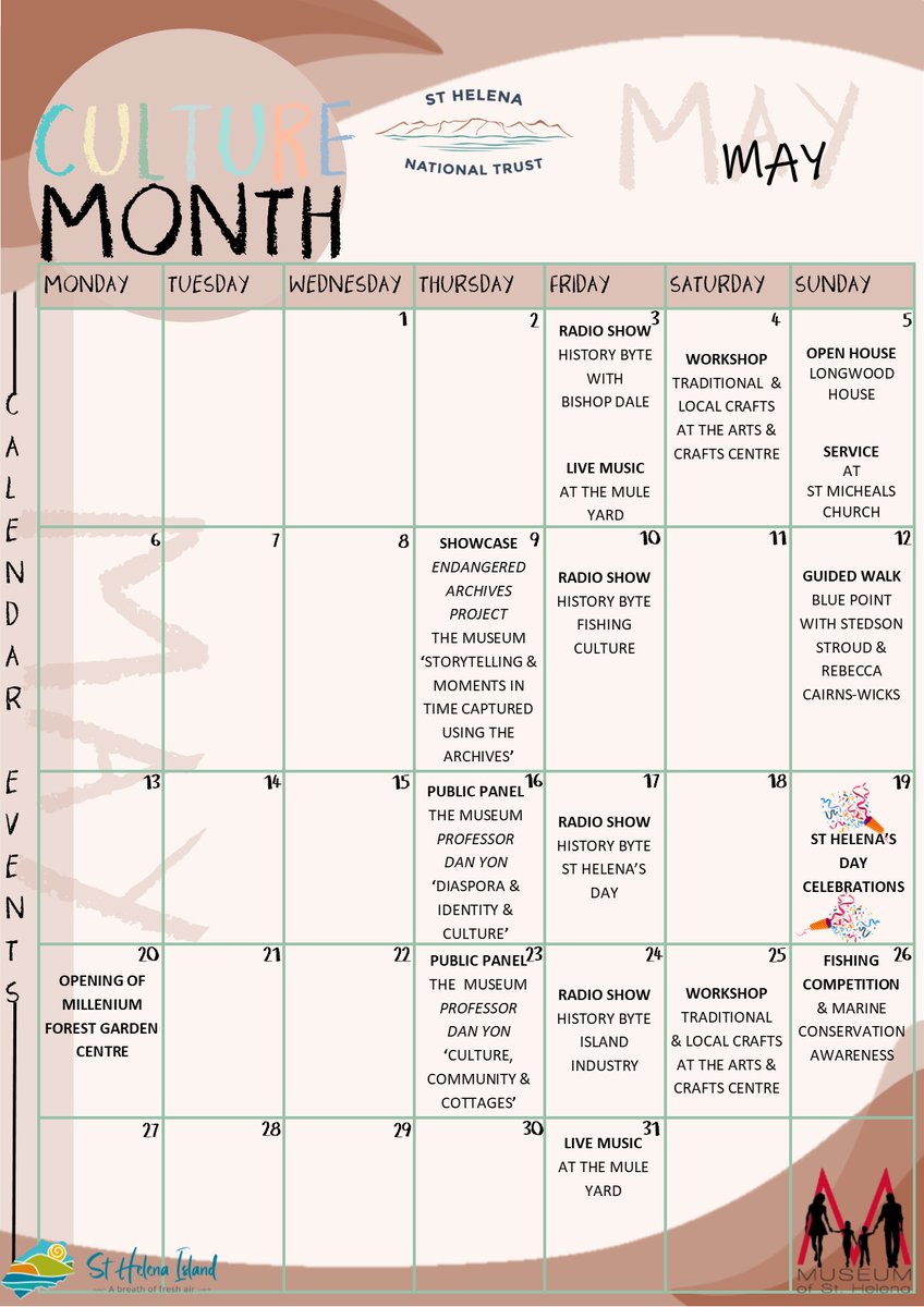 SHnationaltrust's tweet photo. We are pleased  to share the #StHelenaCultureMonth calendar of events. 

#StHelena #whatmakesStHelenaStHelena #identity https://t.co/Z64IchHzeI