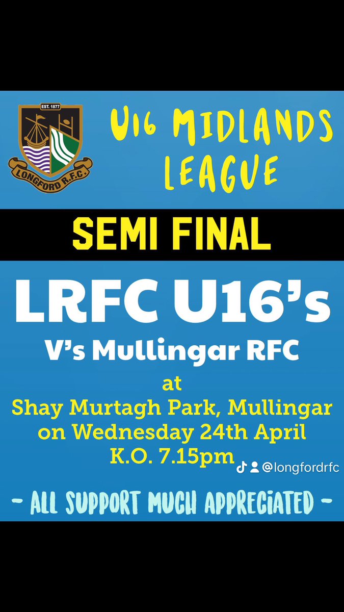Midlands League U16’s semifinal tomorrow between @longfordrugby v @mullingar_rfc at Mullingar RFC 7.15pm @Midlands_Rugby