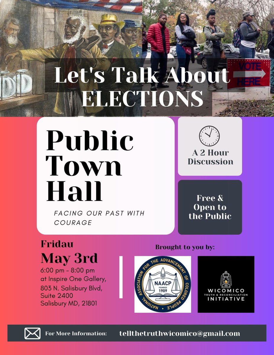 WicomicoNAACP's tweet image. Join us for the last in our series of town halls on local history, national context, and the importance of understanding our past to shape our future.

Friday May 3rd 2024
6 - 8 pm
@Inspire One Gallery
803 North Salisbury Blvd.
Suite 2400