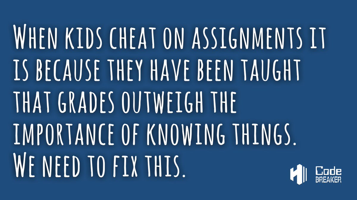 mraspinall's tweet photo. When kids cheat on assignments it is because they have been taught that grades outweigh the importance of knowing things.   

We need to fix this. https://t.co/PtW1PEKXUj