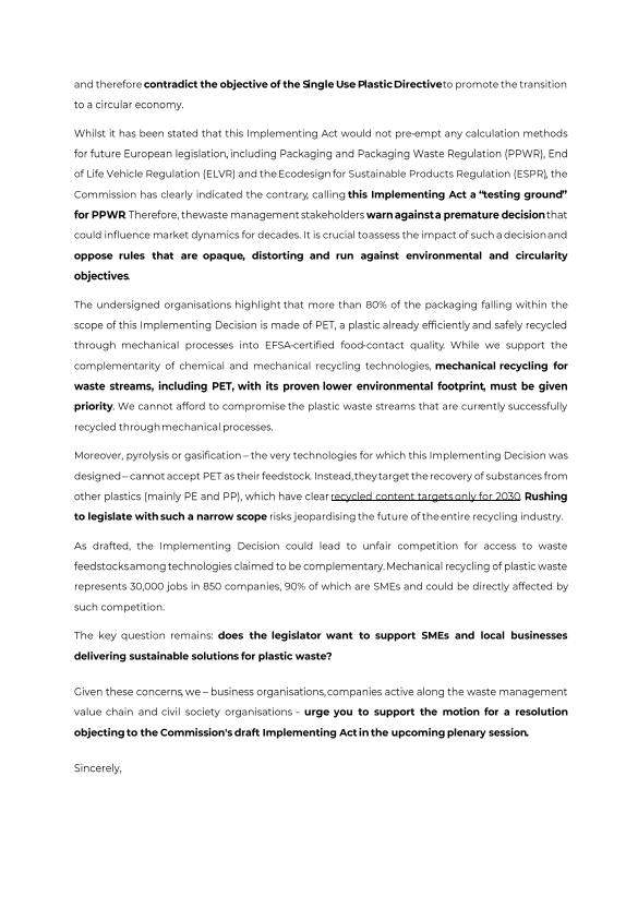 📨 Ahead of tomorrow's plenary vote, we've written to MEPs, asking them to back ENVI's call for a resolution rejecting the @EU_Commission's proposed method for calculating recycling content in plastic bottles under the #SUPD. Read our joint letter👉euric.link/wz4