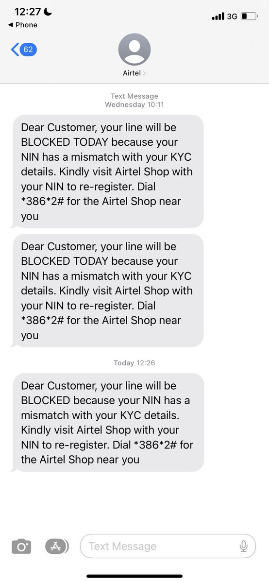 This is the 4th potential time my line will be blocked. I’ve just received this bug sms again, and very shortly my line will be blocked @AirtelNigeria. Please dare not! Thank you