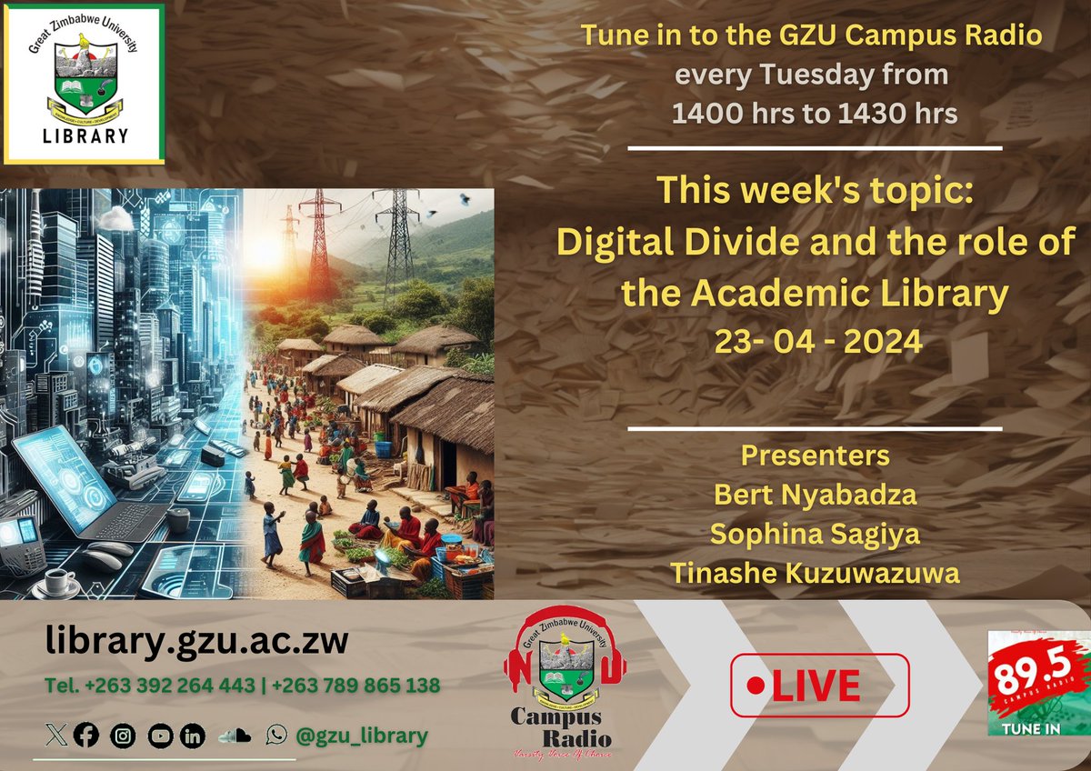 Get ready for an electrifying discussion that will leave you inspired and informed. Don't miss out on this captivating show on the GZU Campus Radio from 1400hrs-1430hrs and let's conquer the digital divide together!
#GZULibrary #DigitalDivide #GZUCampusRadio