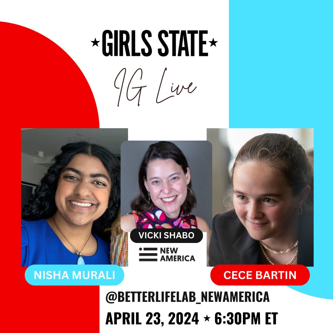 Today! Join us at 6:30 ET at the @BetterLifeLab IG handle: betterlifelab_newamerica! Can't wait to talk with Nisha and Cece about gender equity and inequity, leadership, and the Dobbs decision's role in political awakenings. @AppleTV #GirlsState #AppleFilms