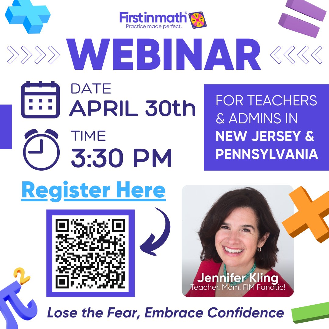 Attention NJ and PA educators! Join @Mrs_Kling_Tech for a fun and informative webinar on April 30: Create Confidence Around Math with @FirstInMath — use the QR code below to register! #math #edtech #njed #PAEducators