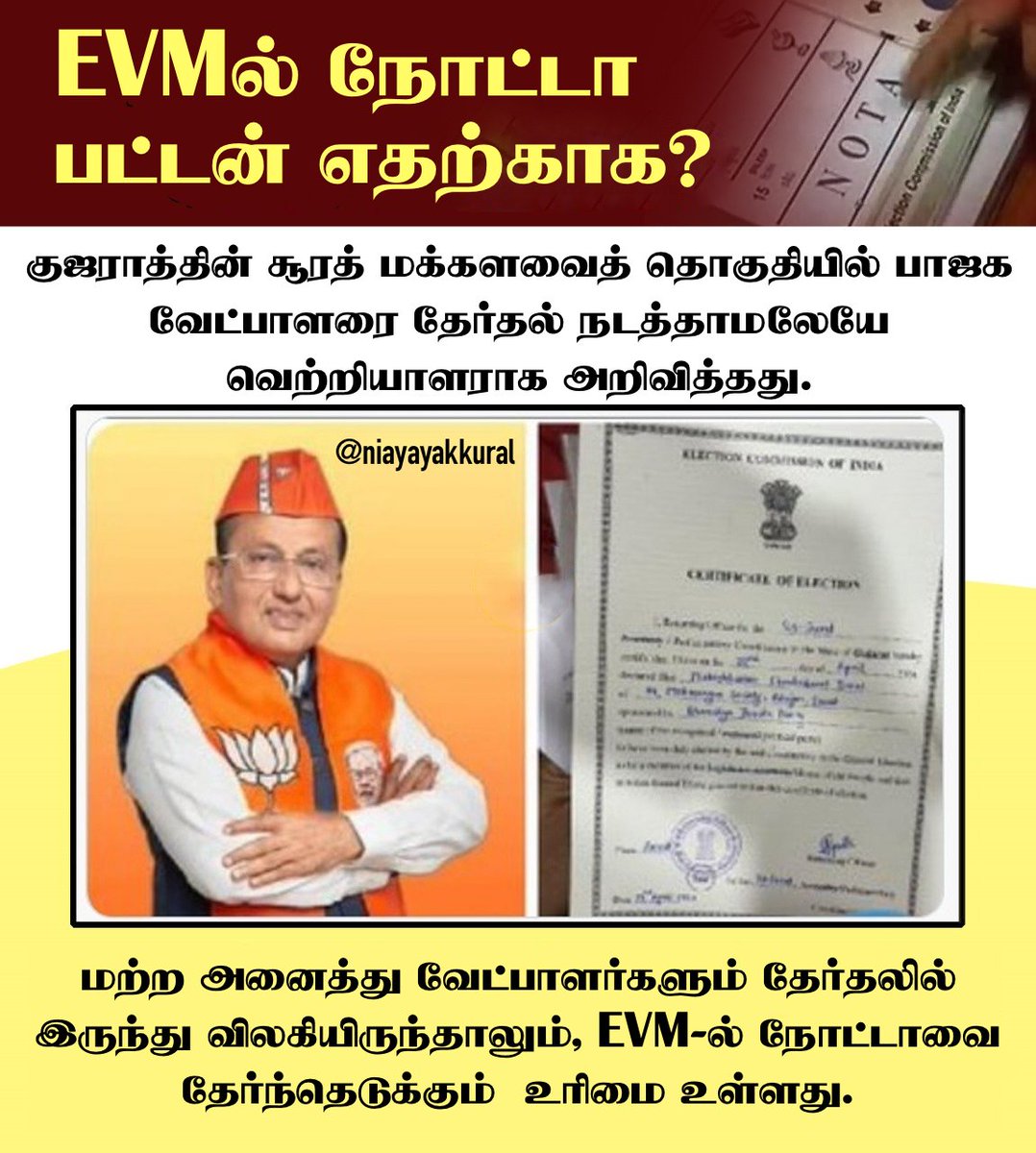 மற்ற அனைத்து வேட்பாளர்களும் தேர்தலில் இருந்து விலகியிருந்தாலும், EVM-ல் நோட்டா விருப்பம் உள்ளது. பிறகு எப்படி எந்த ஒரு பாஜக வேட்பாளரும் தேர்தல் இல்லாமல் ஜெயிக்க முடியும்? #ElectionCommission