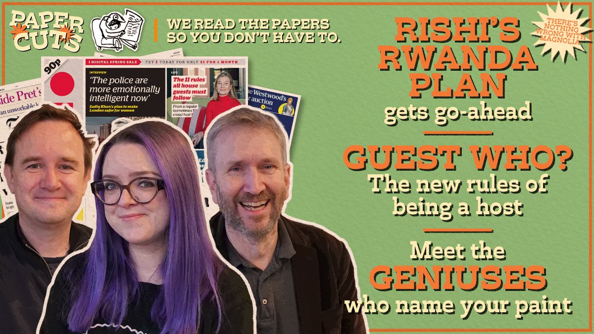 🚨NEW EPISODE🚨 Is Rishi's Rwanda plan ready for takeoff? 🛫⚠️ How to be a good house guest 🏠🧑‍🤝‍🧑 Plus – Is that a Gamboge or a Coquelicot? Meet the people who name your paint🎨🧑‍🎨 Join @alexvtunzelmann, @RobDotHutton and @FergusCraig 🎧listen.podmasters.uk/PC240423Rwanda…